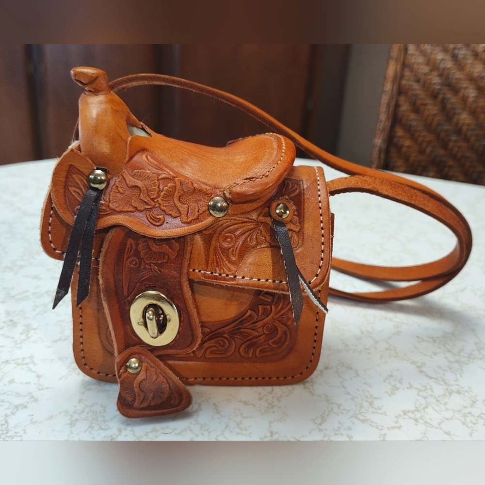 Handtooled leather and sheepskin Western mini bag
